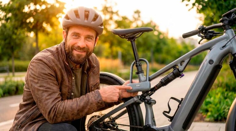 SafeRide Steve holding the gray ABUS 770A SmartX keyless U-lock next to an e-bike