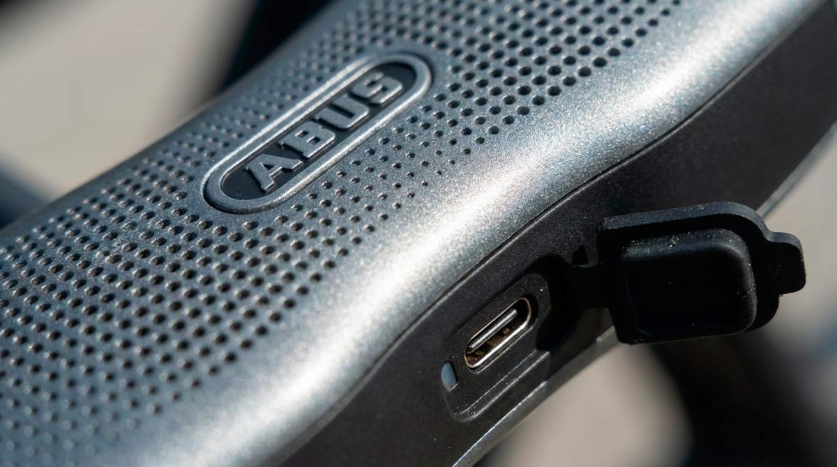 Close-up of the USB-C charging port on an ABUS SmartX 770A bike lock