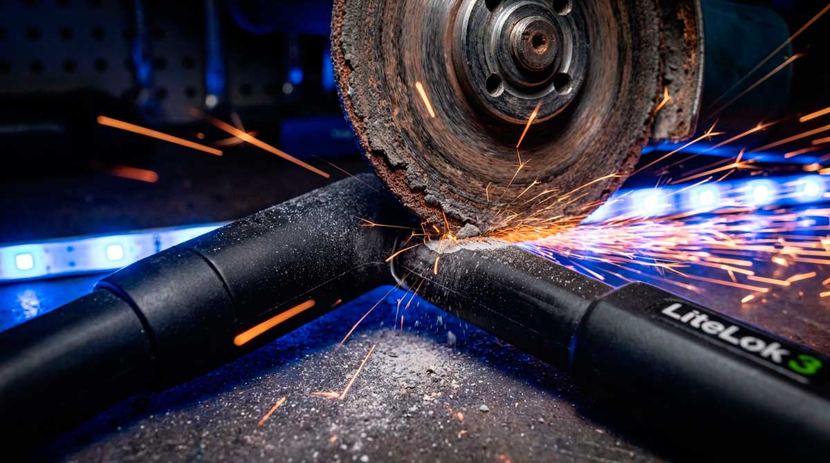 Close-up shot of a 5-inch angle grinder disc cutting into a Litelok X3 shackle with intense sparks