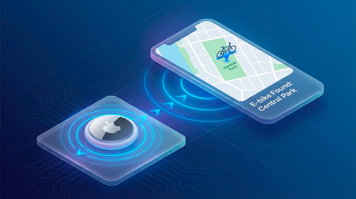 A 3D infographic showing how an Apple AirTag sends location data to a smartphone screen displaying an e-bike on a map in Central Park