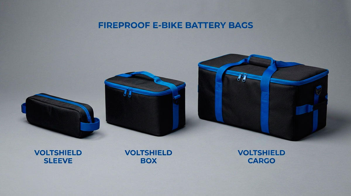 Visual guide to different types of e-bike battery fireproof bags: sleeve, box, and cargo