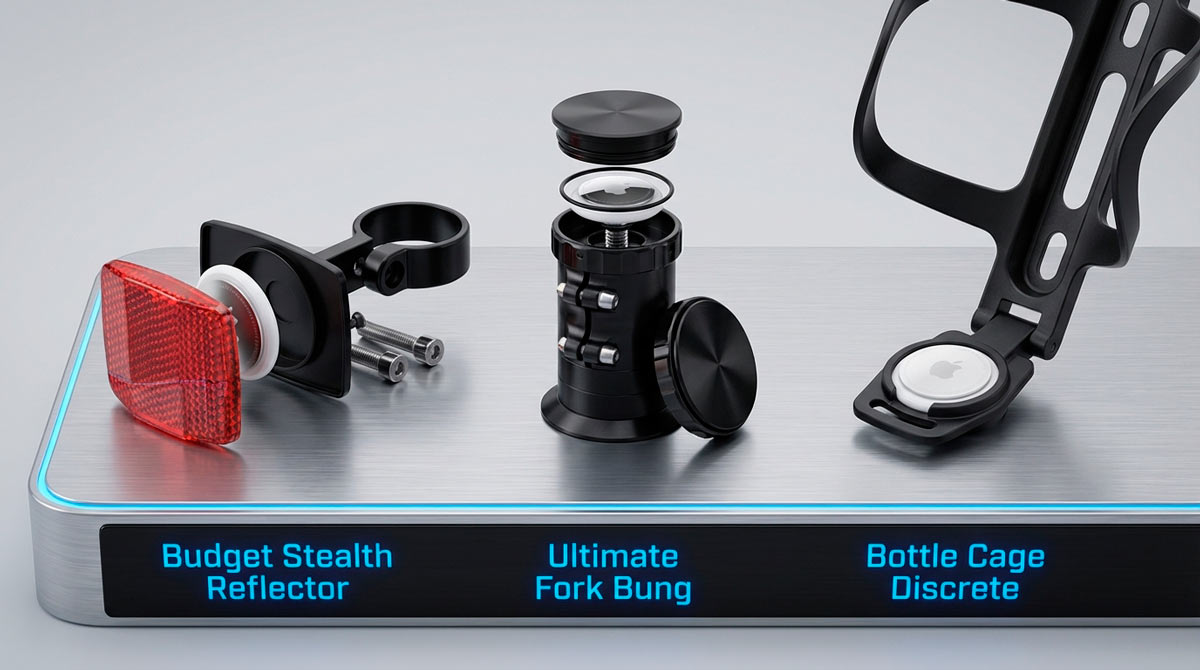 Technical comparison of three hidden e-bike AirTag mounts: Reflector, Fork Bung, and Bottle Cage holders