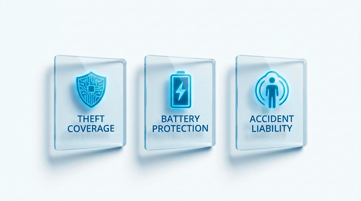 A clean 3D infographic showing the three pillars of e-bike insurance: Theft Coverage, Battery Protection, and Accident Liability