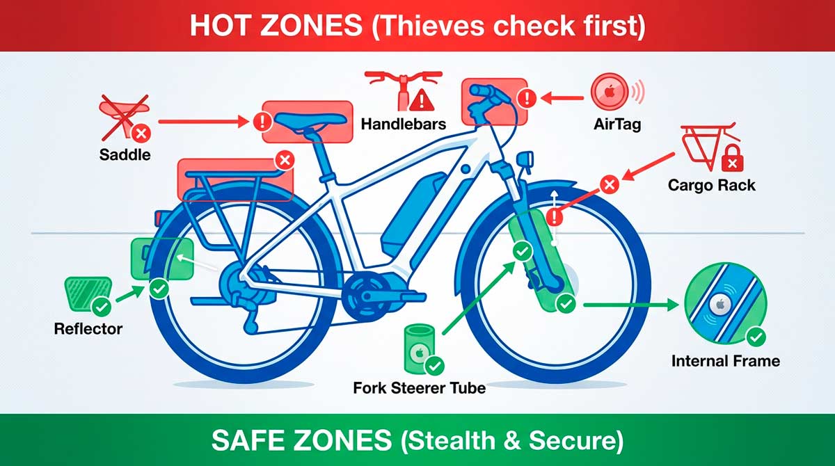 Infographic showing hot zones where thieves check for AirTags vs safe stealth zones for e-bike tracking