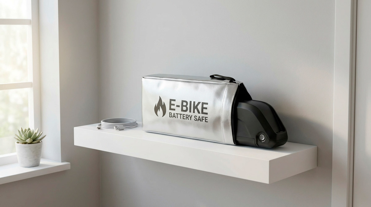 Ebike battery stored in a silver fireproof safety bag indoors