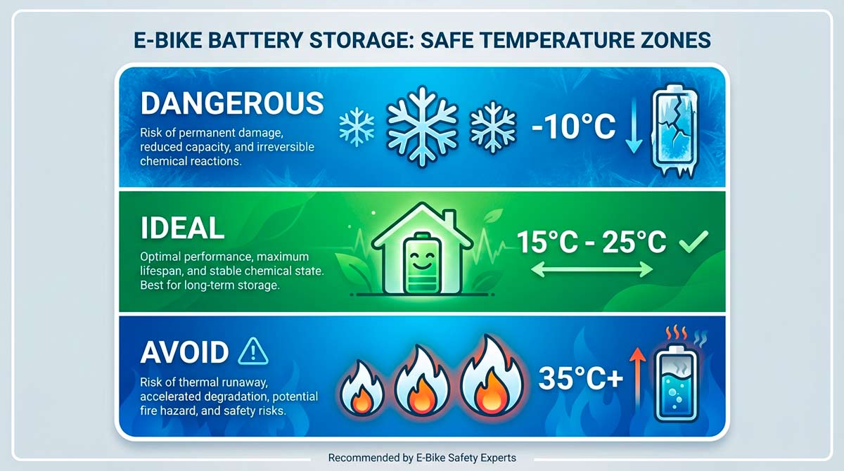E-bike battery storage temperature zones infographic