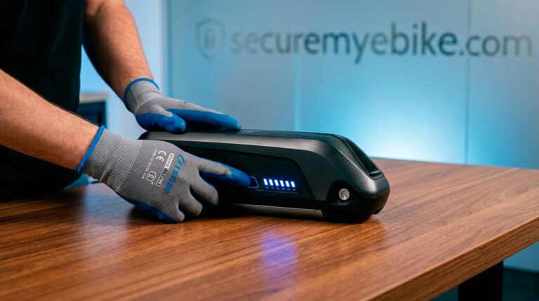 SafeRide Steve checking e-bike battery charge level for winter storage