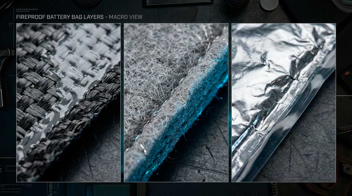 Close-up of fireproof e-bike battery bag material layers