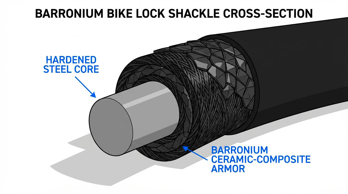 Technical modern diagram showing the cross-section of a Barronium bike lock shackle. Layer 1 is a hardened Steel core (grey), and Layer 2 is the outer Barronium ceramic-composite armor (black). Labels in Electric Blue