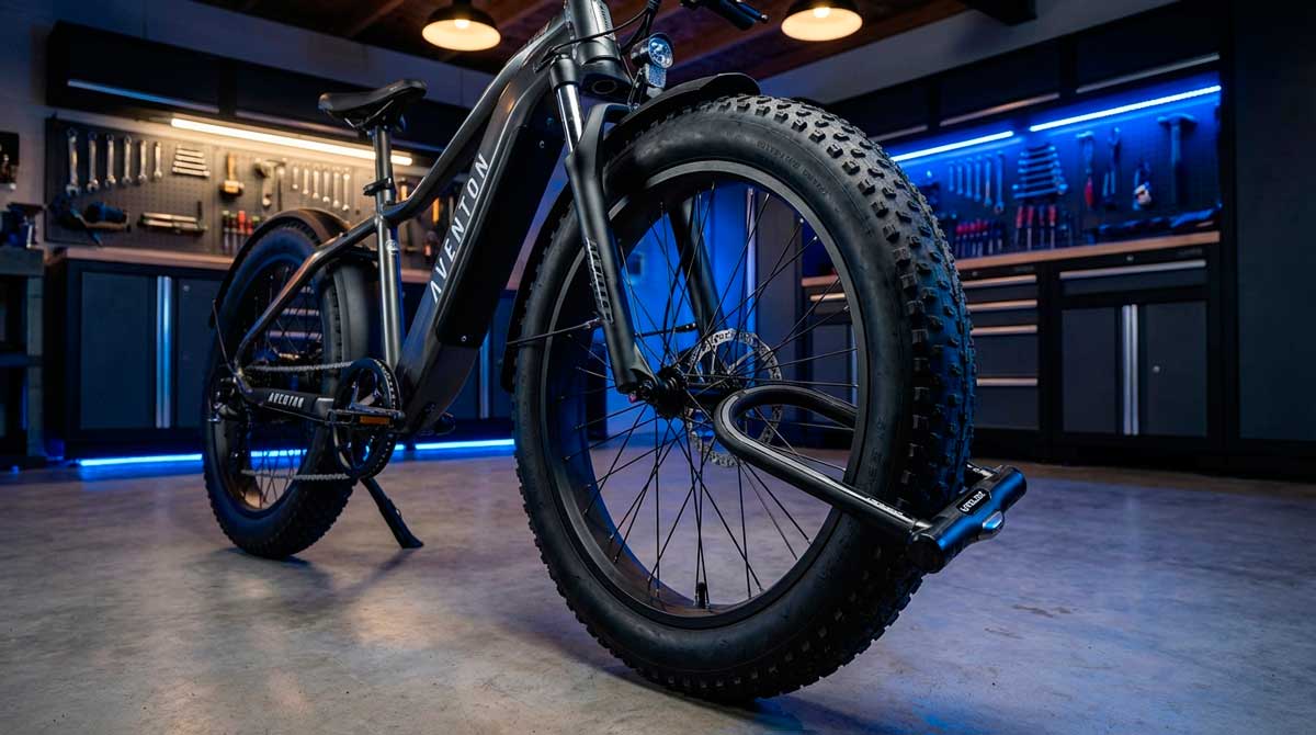 Hero image showing a Litelok X3 securing a fat tire e-bike in a professional workshop setting