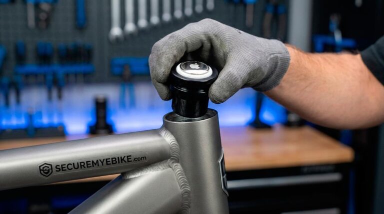 SafeRide Steve installing a hidden AirTag into an e-bike fork steerer tube