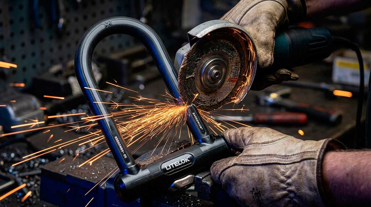 Close-up shot of an angle grinder cutting a black Litelok X3 U-lock, showing realistic proportions and a worn abrasive disc with massive sparks in a workshop
