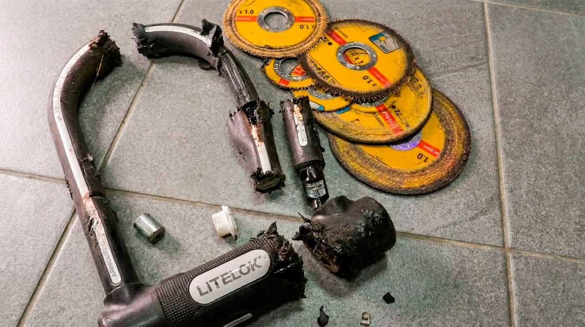 Five destroyed angle grinder discs after testing Litelok X3 Barronium core