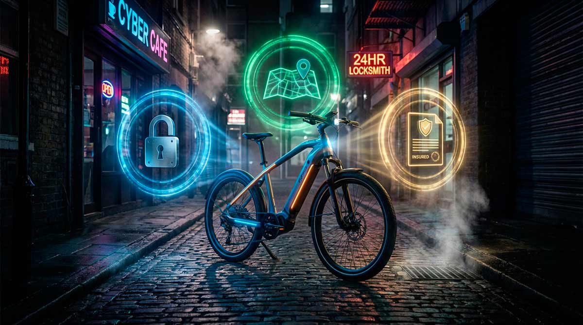 Infographic showing multi-layered e-bike security strategy with locks, GPS, and insurance