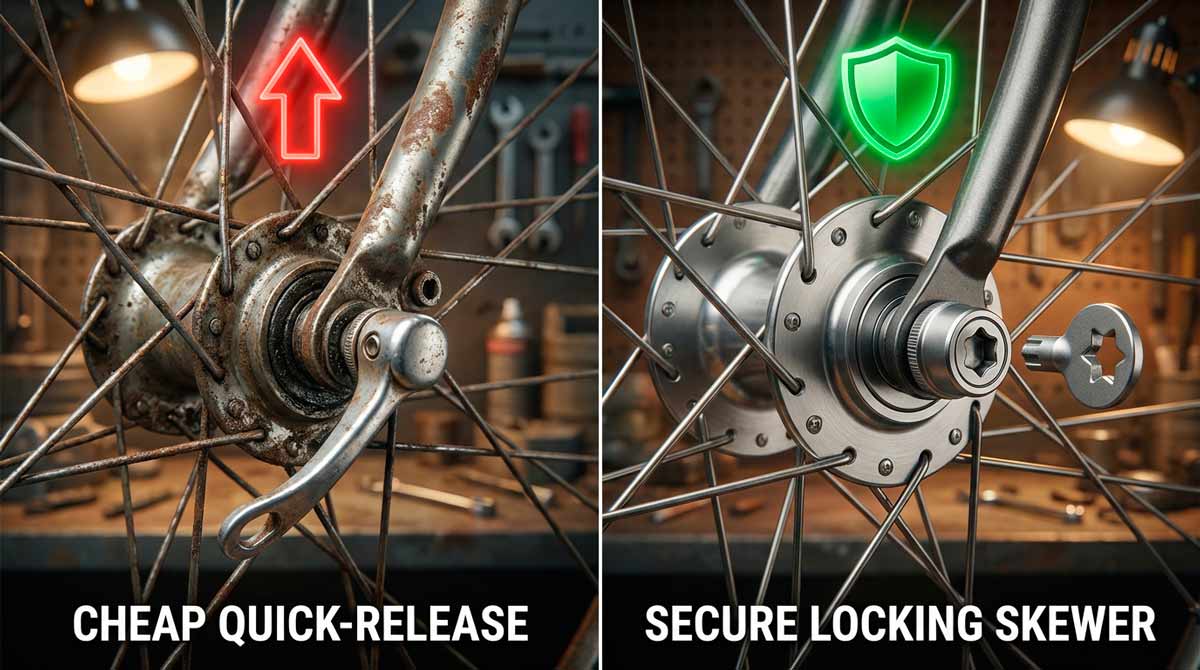 A side-by-side comparison of a standard quick-release axle and a high-security locking skewer on an e-bike wheel
