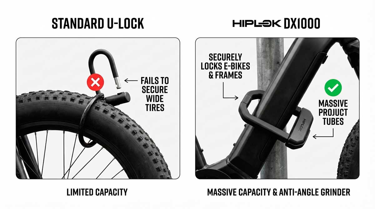 Infographic showing a standard U-lock failing on a fat tire vs a Hiplok DX1000