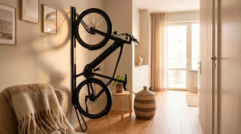 Electric bike stored vertically on a Steadyrack wall mount in a modern apartment hallway