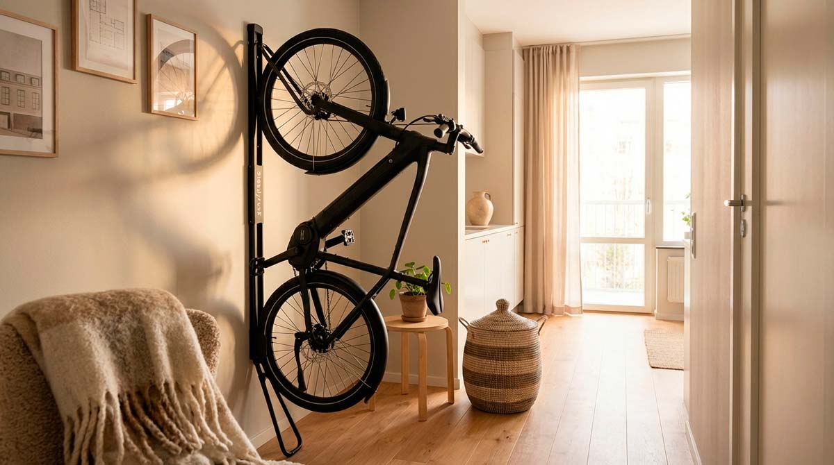 Electric bike stored vertically on a Steadyrack wall mount in a modern apartment hallway